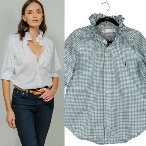KMJ Southern Lover Polo Plaid Shirt Sz XS Blue White